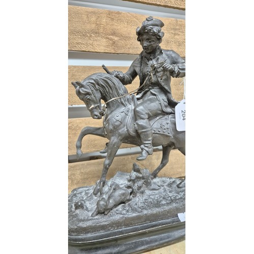 204 - 19th century Bronzed Spelter figure sculpture- Well dressed gentleman figure on horseback hunting a ... 