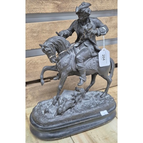 204 - 19th century Bronzed Spelter figure sculpture- Well dressed gentleman figure on horseback hunting a ... 