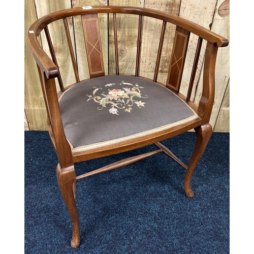 203 - Edwardian Inlaid Tub arm chair with floral upholstery [71x53x47cm]