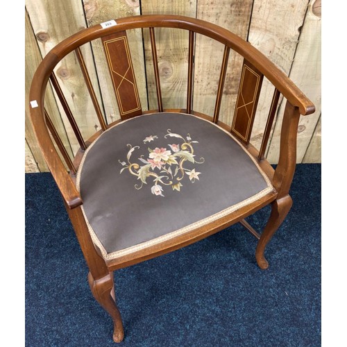 203 - Edwardian Inlaid Tub arm chair with floral upholstery [71x53x47cm]