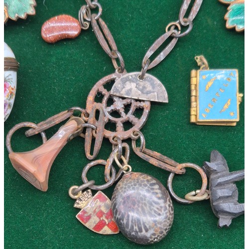 9 - A Collection of antique jewellery; Plated charm bracelet fitted with various antique charms- Agate s... 