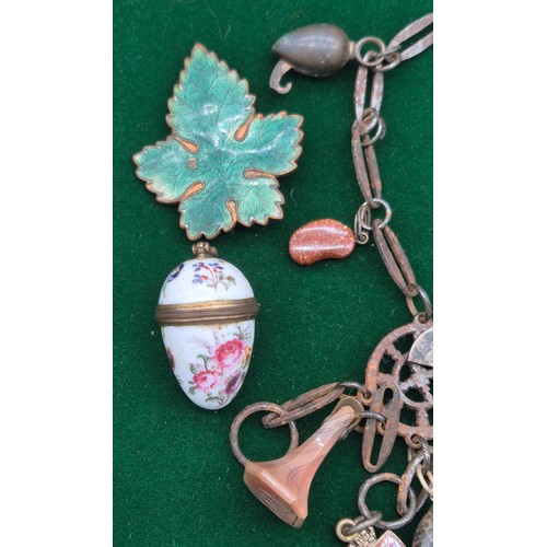 9 - A Collection of antique jewellery; Plated charm bracelet fitted with various antique charms- Agate s... 