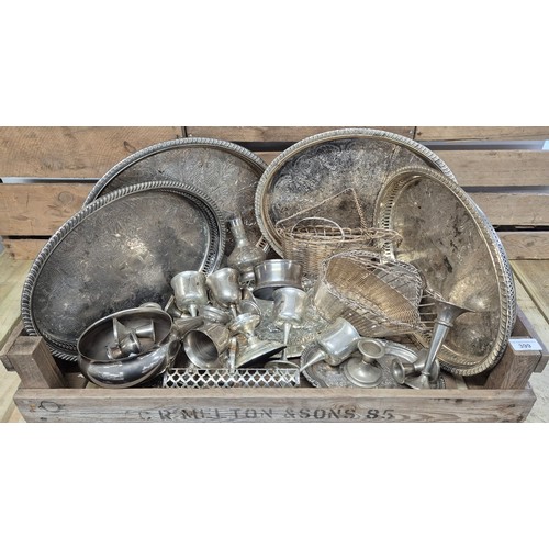 399 - A crate of Silver plated wares; gallery trays, basket & other items