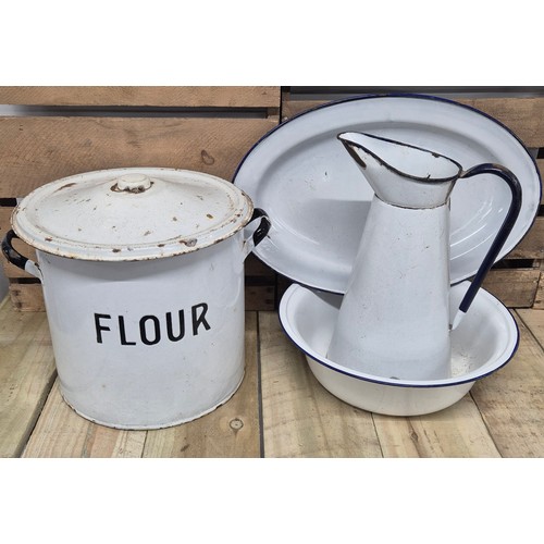 400 - A collection of early 20th century kitchen enamel ware; bread bin, water jug & bowl & serving platte... 