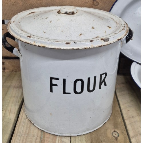 400 - A collection of early 20th century kitchen enamel ware; bread bin, water jug & bowl & serving platte... 