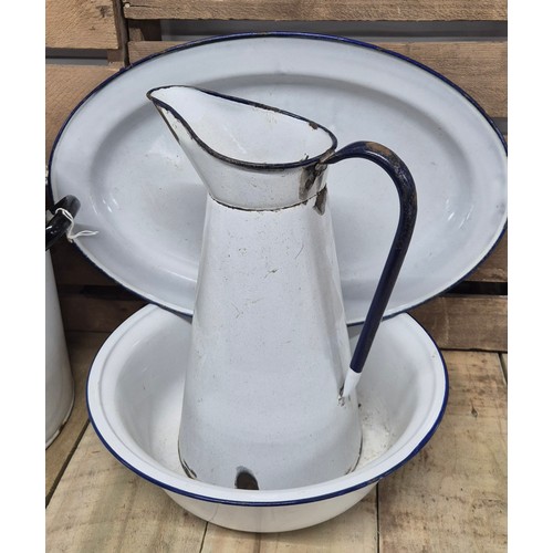 400 - A collection of early 20th century kitchen enamel ware; bread bin, water jug & bowl & serving platte... 