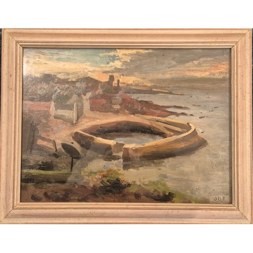 342 - Possible John Duncan Fergusson 
Original oil painting depicting Dunbar Harbour. Signed J.D.F.
[Frame... 