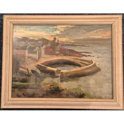 342 - Possible John Duncan Fergusson 
Original oil painting depicting Dunbar Harbour. Signed J.D.F.
[Frame... 