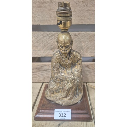 332 - Antique Chinese Bronze/ brass sculpture of a seated buddha. Made into a table lamp. [24cm high- with... 