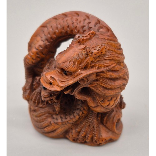 56 - Japanese hand carved boxwood netsuke in the form of two dragons huddled together. Signed. [4.5cm hig... 