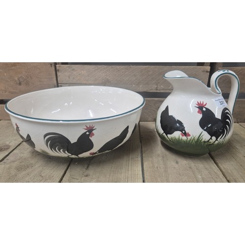 331 - Griselda Hill Pottery Wemyss black cockerel pattern water jug and bowl.