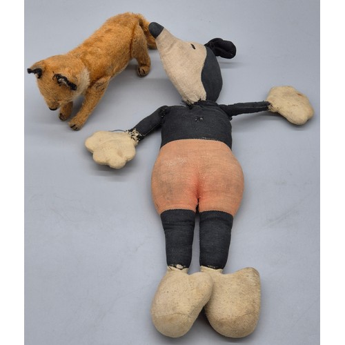 326 - Antique possible Stieff mohair fox with movable joints. Together with an antique plush Mikey Mouse [... 