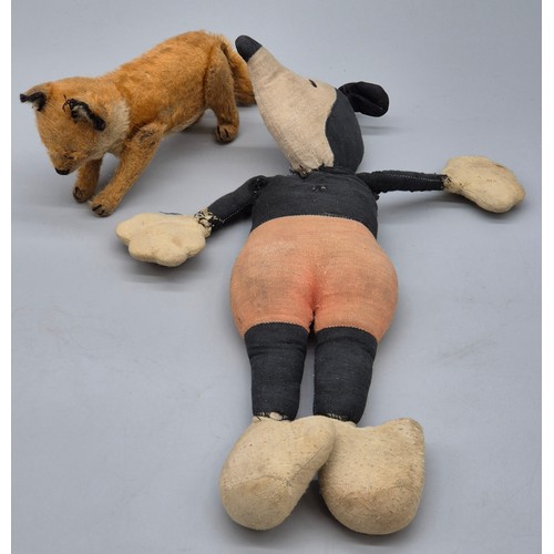 326 - Antique possible Stieff mohair fox with movable joints. Together with an antique plush Mikey Mouse [... 