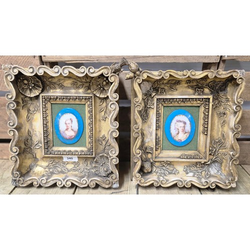 340 - Pair of Victorian porcelain painted portraits. Fitted within ornate moulded gilt frames. [Frames- 30... 