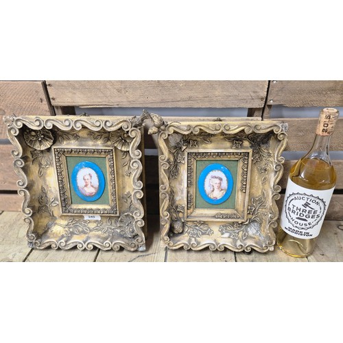 340 - Pair of Victorian porcelain painted portraits. Fitted within ornate moulded gilt frames. [Frames- 30... 