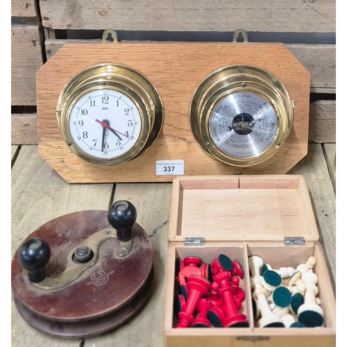 337 - Various collectable odds; Wall barometer and clock, Fishing reel and boxed chess set.