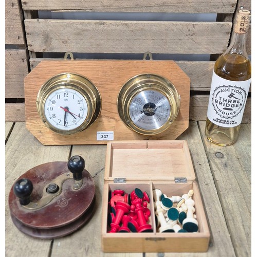 337 - Various collectable odds; Wall barometer and clock, Fishing reel and boxed chess set.