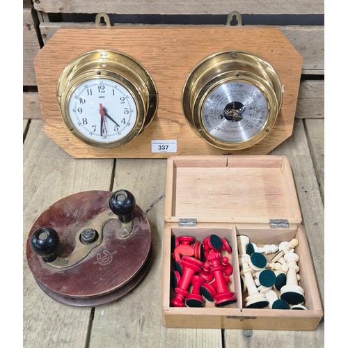 337 - Various collectable odds; Wall barometer and clock, Fishing reel and boxed chess set.