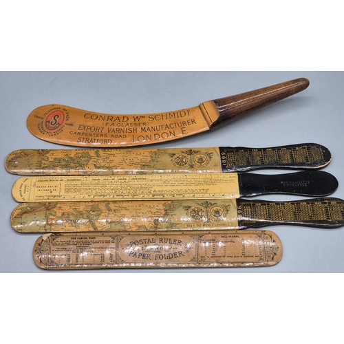 68 - A collection of five antique Mauchline ware Page turner's; Map & calendar inscriptions, Postal Ruler... 