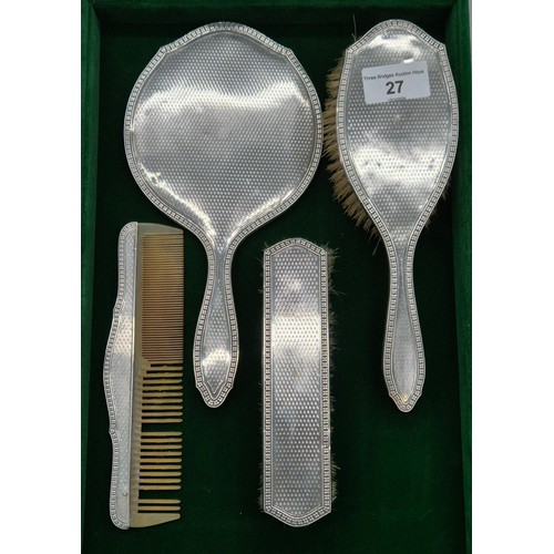 27 - Four piece Birmingham silver hallmarked hand brush and mirror dressing table set. Produced by Henry ... 