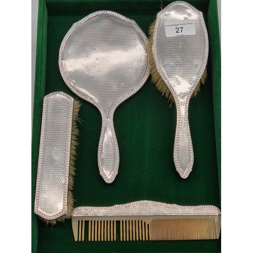 27 - Four piece Birmingham silver hallmarked hand brush and mirror dressing table set. Produced by Henry ... 