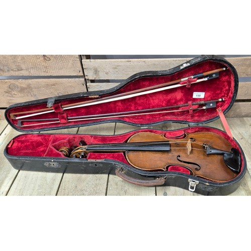 158 - Cased English Violin 1870's, unlabelled. Full size. Length of back- 360mm. Comes with two bows and c... 