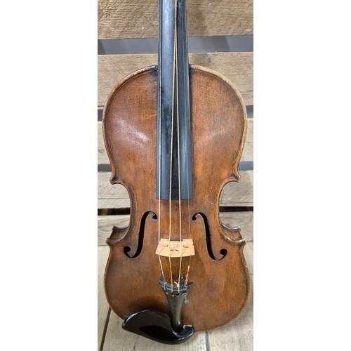 158 - Cased English Violin 1870's, unlabelled. Full size. Length of back- 360mm. Comes with two bows and c... 