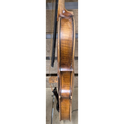 158 - Cased English Violin 1870's, unlabelled. Full size. Length of back- 360mm. Comes with two bows and c... 