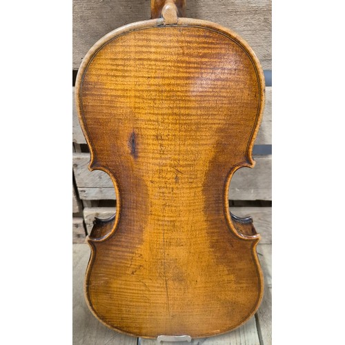 158 - Cased English Violin 1870's, unlabelled. Full size. Length of back- 360mm. Comes with two bows and c... 