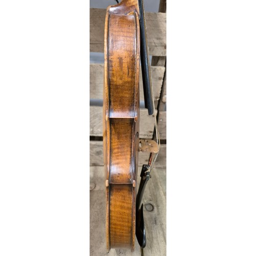 158 - Cased English Violin 1870's, unlabelled. Full size. Length of back- 360mm. Comes with two bows and c... 