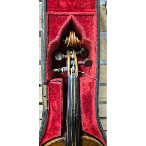 158 - Cased English Violin 1870's, unlabelled. Full size. Length of back- 360mm. Comes with two bows and c... 