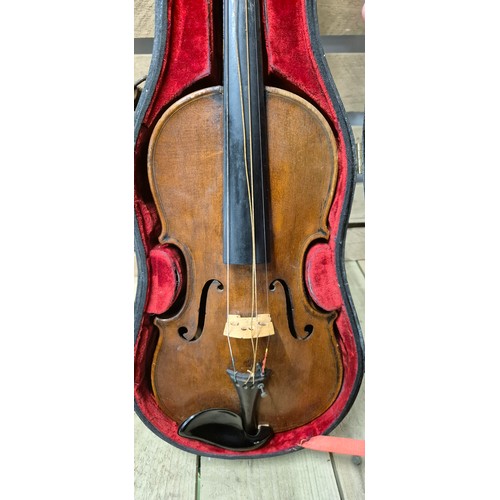 158 - Cased English Violin 1870's, unlabelled. Full size. Length of back- 360mm. Comes with two bows and c... 