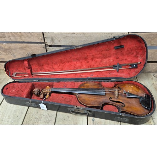 162 - Coffin case, violin and bow; Old Scottish Violin, 1880's. Unlabelled. Full size. Length of Back. 358... 