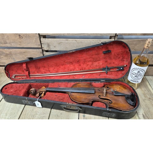 162 - Coffin case, violin and bow; Old Scottish Violin, 1880's. Unlabelled. Full size. Length of Back. 358... 