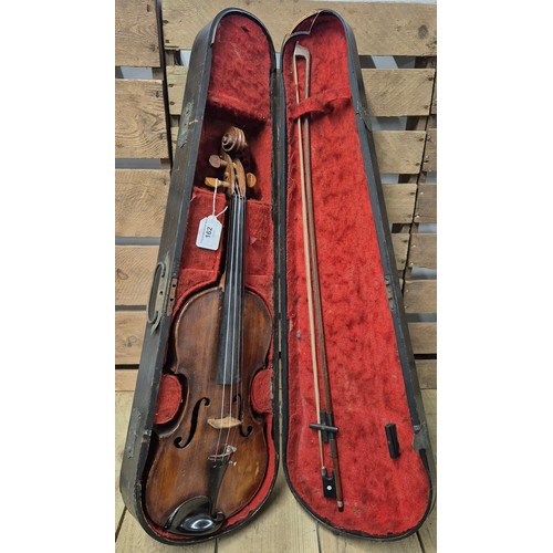 162 - Coffin case, violin and bow; Old Scottish Violin, 1880's. Unlabelled. Full size. Length of Back. 358... 