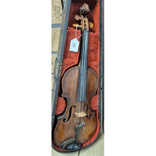 162 - Coffin case, violin and bow; Old Scottish Violin, 1880's. Unlabelled. Full size. Length of Back. 358... 