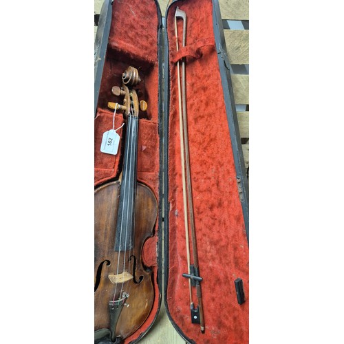 162 - Coffin case, violin and bow; Old Scottish Violin, 1880's. Unlabelled. Full size. Length of Back. 358... 