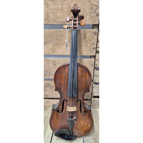 162 - Coffin case, violin and bow; Old Scottish Violin, 1880's. Unlabelled. Full size. Length of Back. 358... 