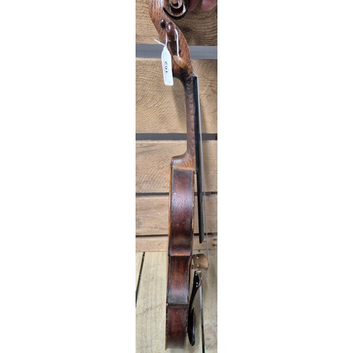 162 - Coffin case, violin and bow; Old Scottish Violin, 1880's. Unlabelled. Full size. Length of Back. 358... 