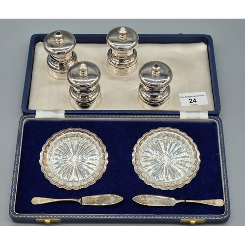 24 - Boxed pair of Birmingham silver hallmarked and crystal butter/ jam dishes with knives. Together with... 