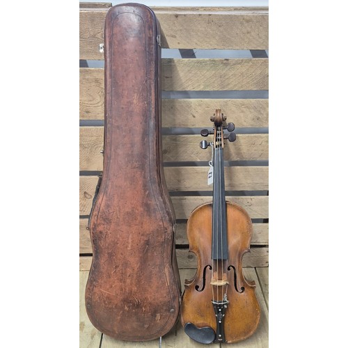 161 - Leather case violin and two bows; English Violin, 1880's. Full size. Unlabelled. Back Length 359m. T... 