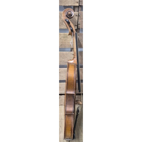 161 - Leather case violin and two bows; English Violin, 1880's. Full size. Unlabelled. Back Length 359m. T... 