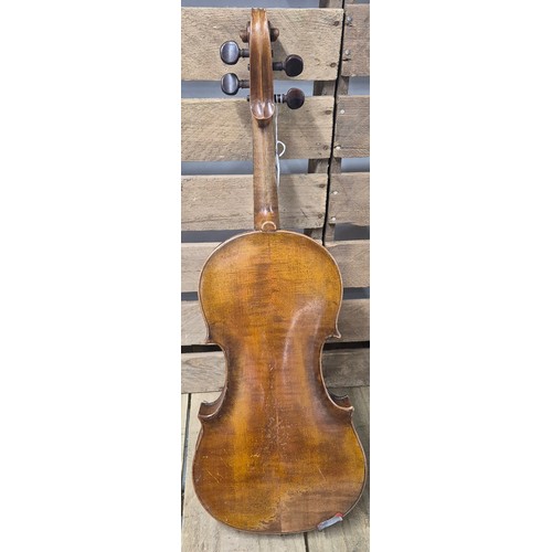 161 - Leather case violin and two bows; English Violin, 1880's. Full size. Unlabelled. Back Length 359m. T... 