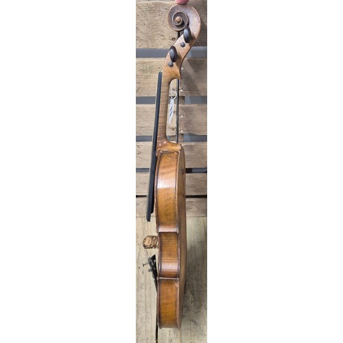 161 - Leather case violin and two bows; English Violin, 1880's. Full size. Unlabelled. Back Length 359m. T... 