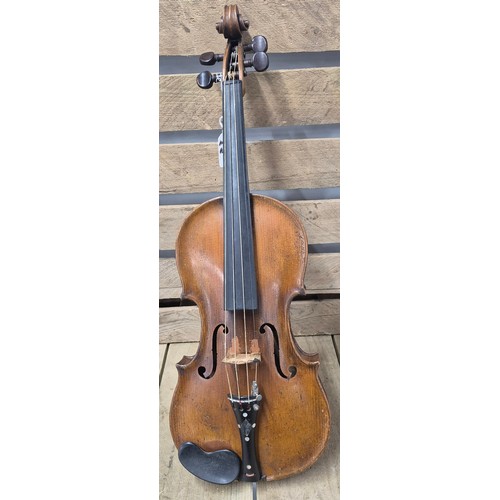 161 - Leather case violin and two bows; English Violin, 1880's. Full size. Unlabelled. Back Length 359m. T... 