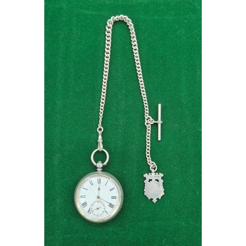 43 - Antique Birmingham silver hallmarked pocket watch, Silver Albert Chain, T- Bar and Birmingham silver... 