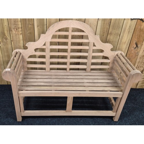 429 - Solid teak Lutyens style garden double bench. [104x134x50cm]