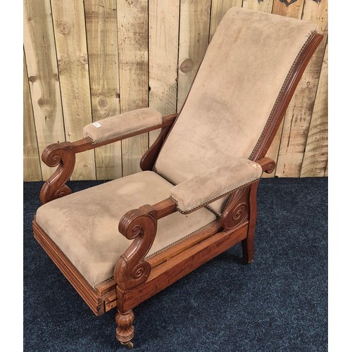 419 - 19th century oak framed fold out relaxer chair with arm rests. Pull out leg support. [103x63x136cm]