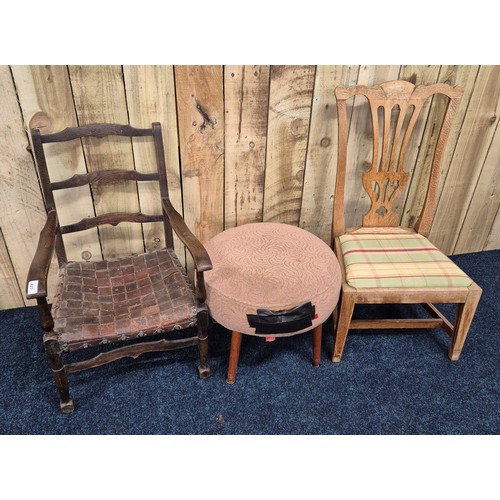 423 - Two antique chairs and stool; Chippendale style light oak child's chair and oak framed arm chair.