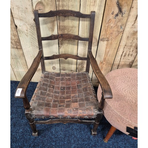 423 - Two antique chairs and stool; Chippendale style light oak child's chair and oak framed arm chair.